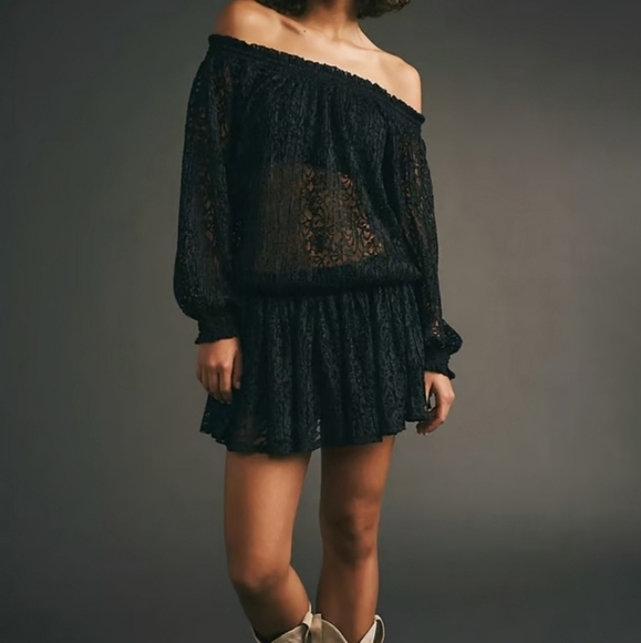 Free People Carina Meadow Black Lace Boho Whimsigoth Flowy Mini Dress NO Bandeau - Picture 1 of 15
